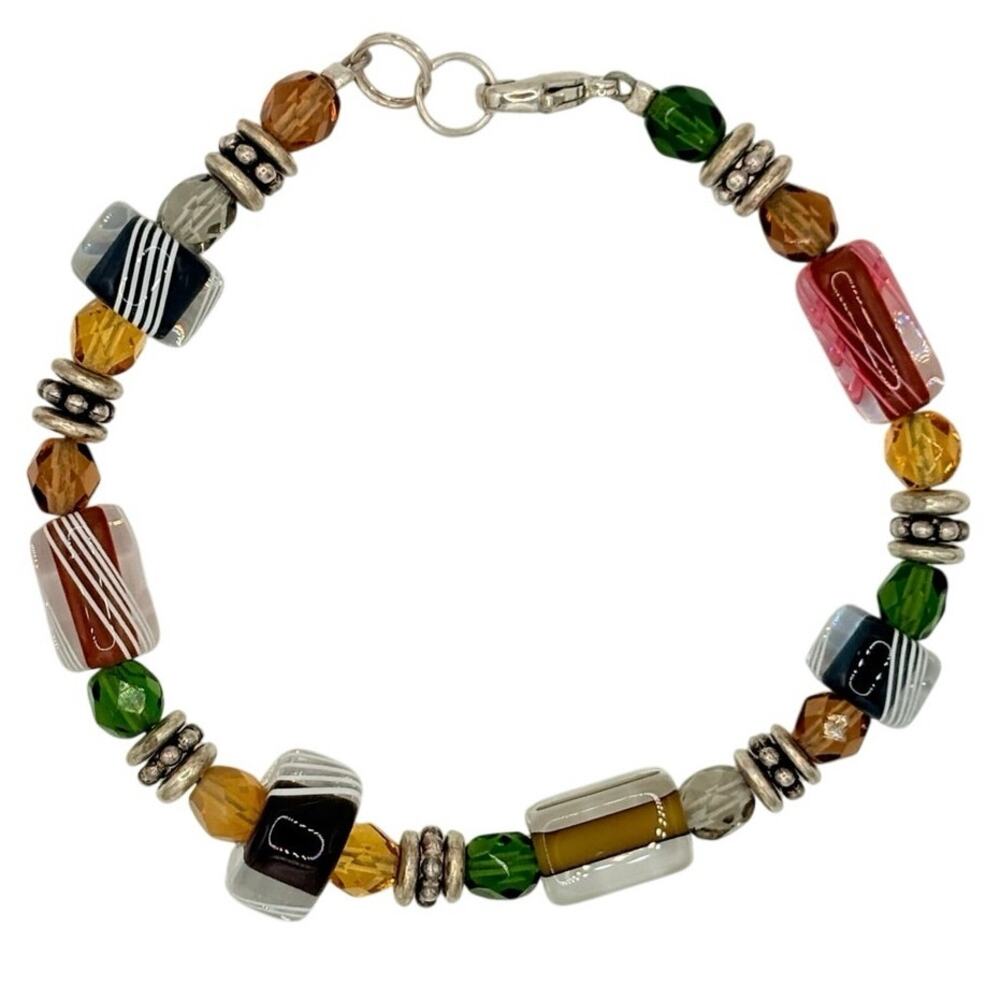 Artisan Beaded Lampwork Glass Swarovski Crystal Bracelet • Handmade Boho Chic